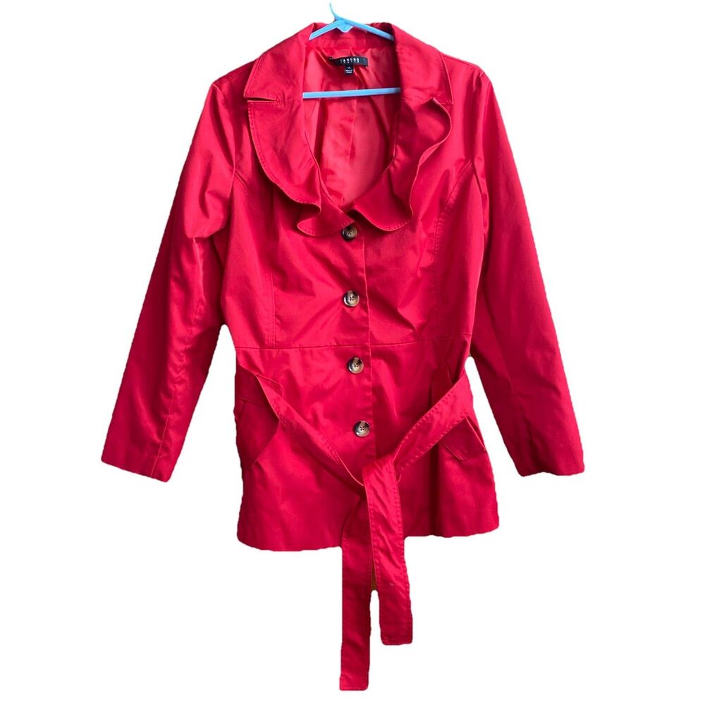 Sandro Studio Trench Coat Button Front Red Jacket Belted Ruffled Collar sz XL